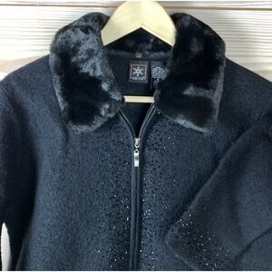 Holiday Boiled Wool Sweater Womens Medium‎ Zip Beaded Black Vtg Skyr